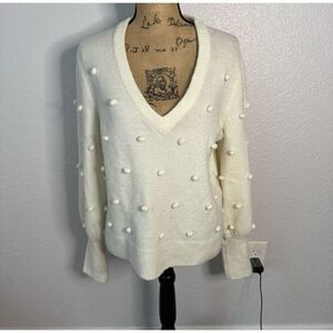 Madewell White Size M Bobble Dashwood V-Neck Sweater Coziest Yarn Swiss Dot
